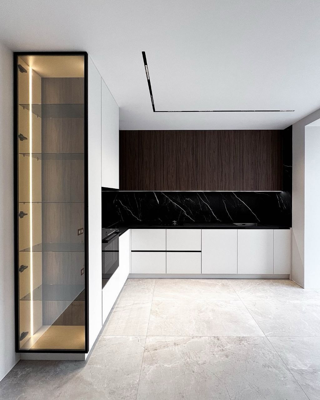 Современная кухня с высоким пеналом